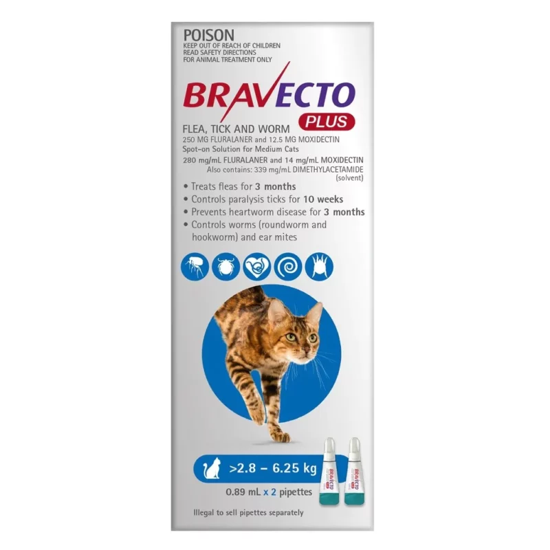 Bravecto PLUS Blue Medium Cats (2.8-6.25kg) 6 Month Protection - 2 Pipettes