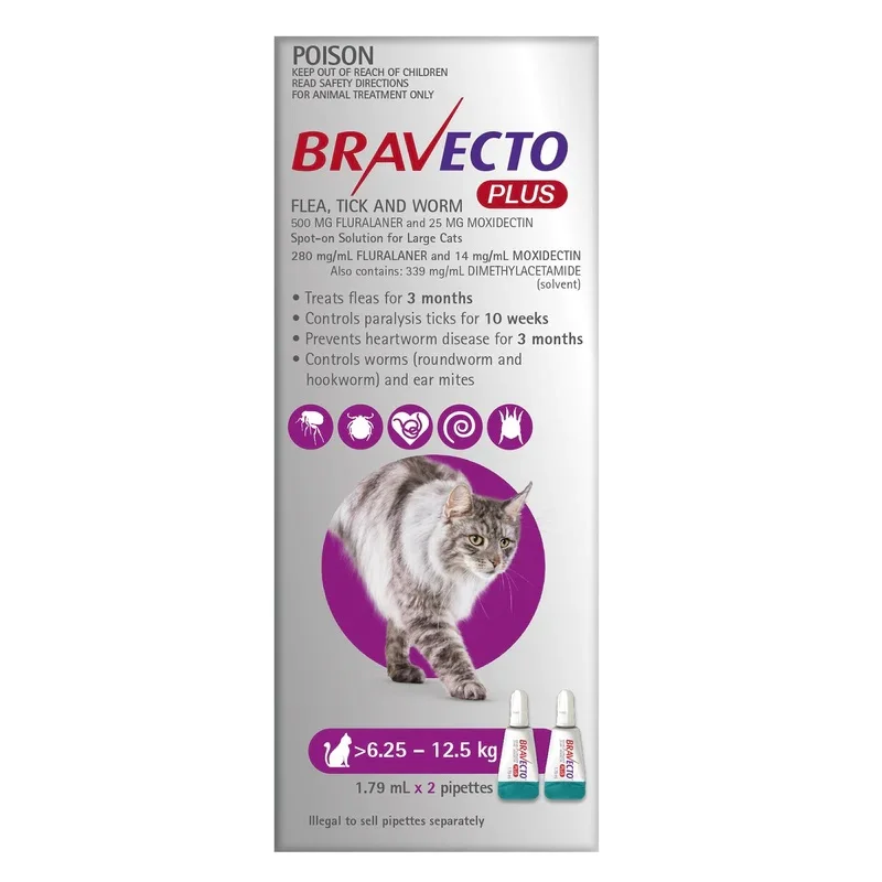 Bravecto PLUS Purple Large Cats (6.25-12.5kg) 6 Month Protection - 2 Pipettes